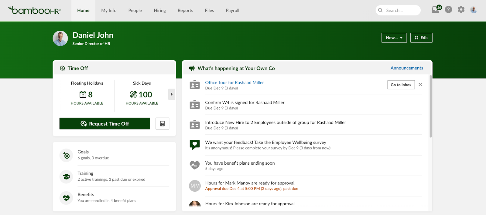 BambooHR employee platform dashboard and company activity interface