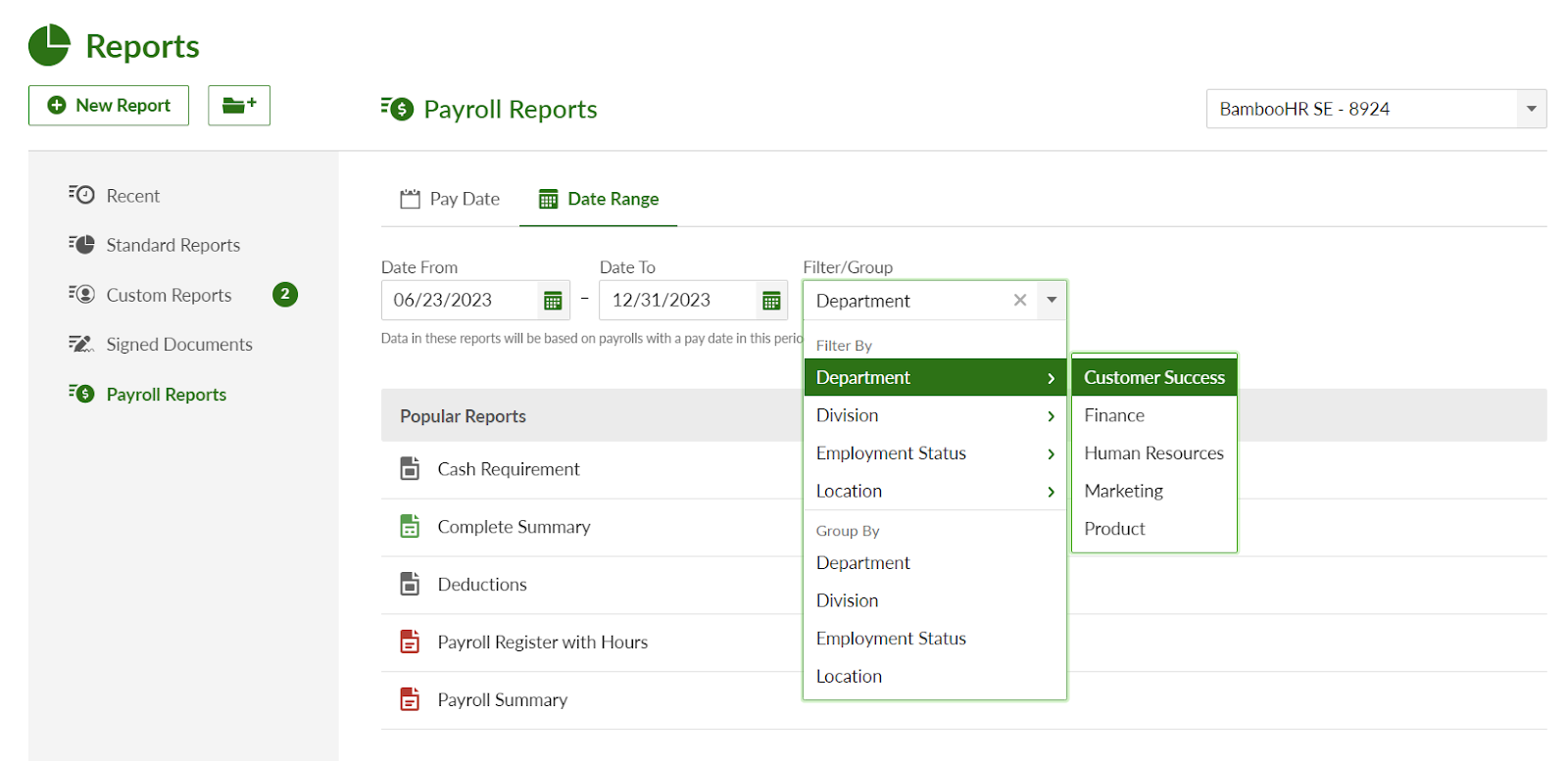 BambooHR payroll reporting interface with report categories