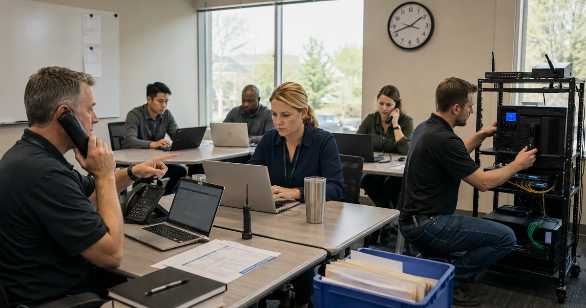 Business team exercising backup connectivity cloud access communications and recovery responsibilities