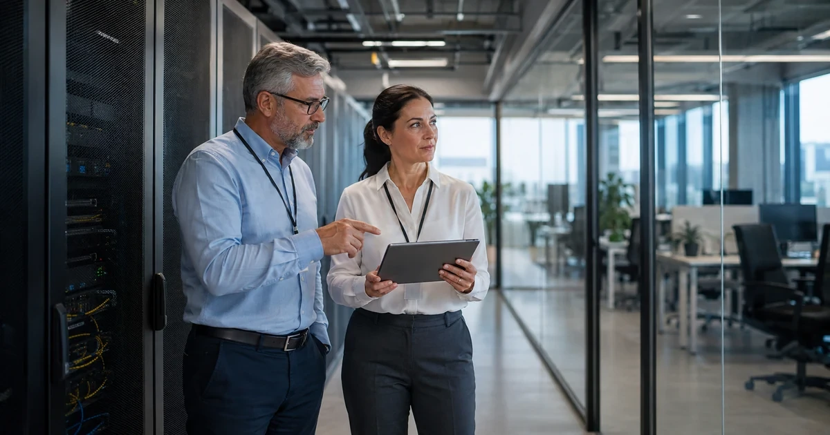 Cloud architect and operations leader reviewing current infrastructure and a practical migration roadmap