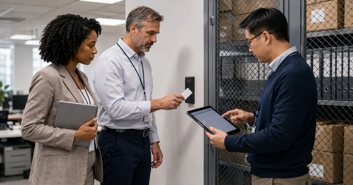 Compliance manager operations supervisor and IT analyst inspecting a physical access control
