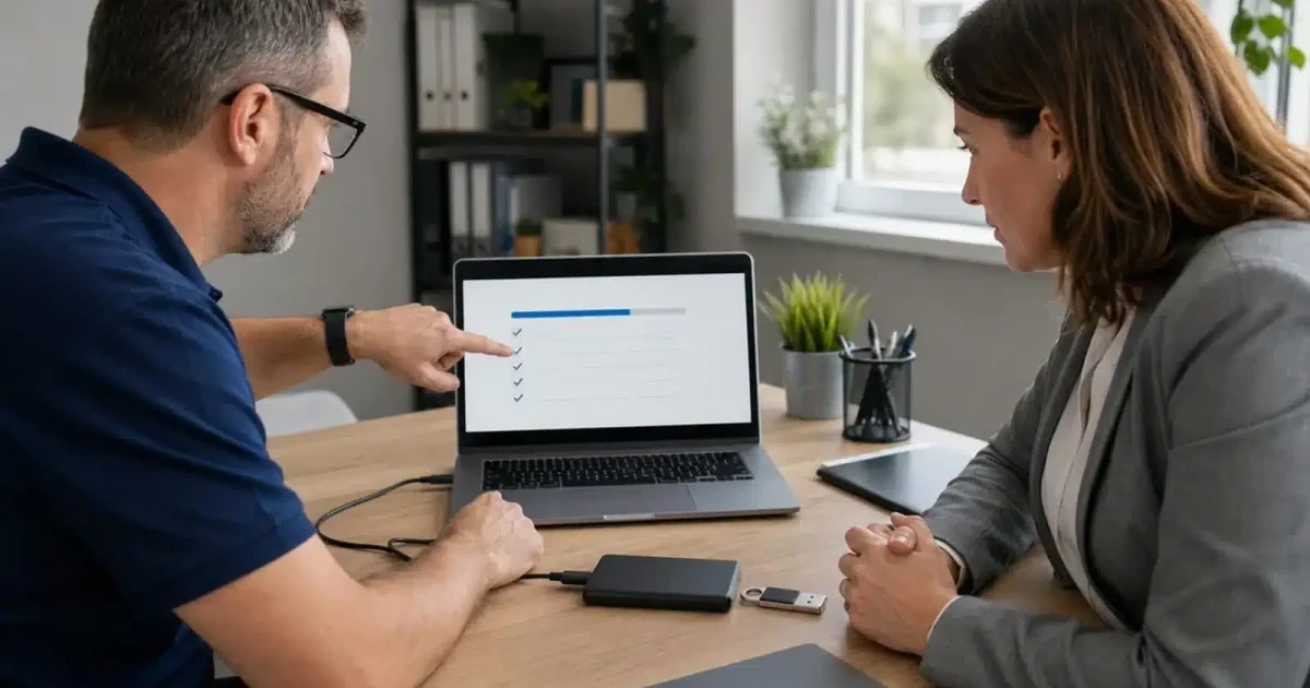 Technician reviewing computer repair diagnostics with a business client