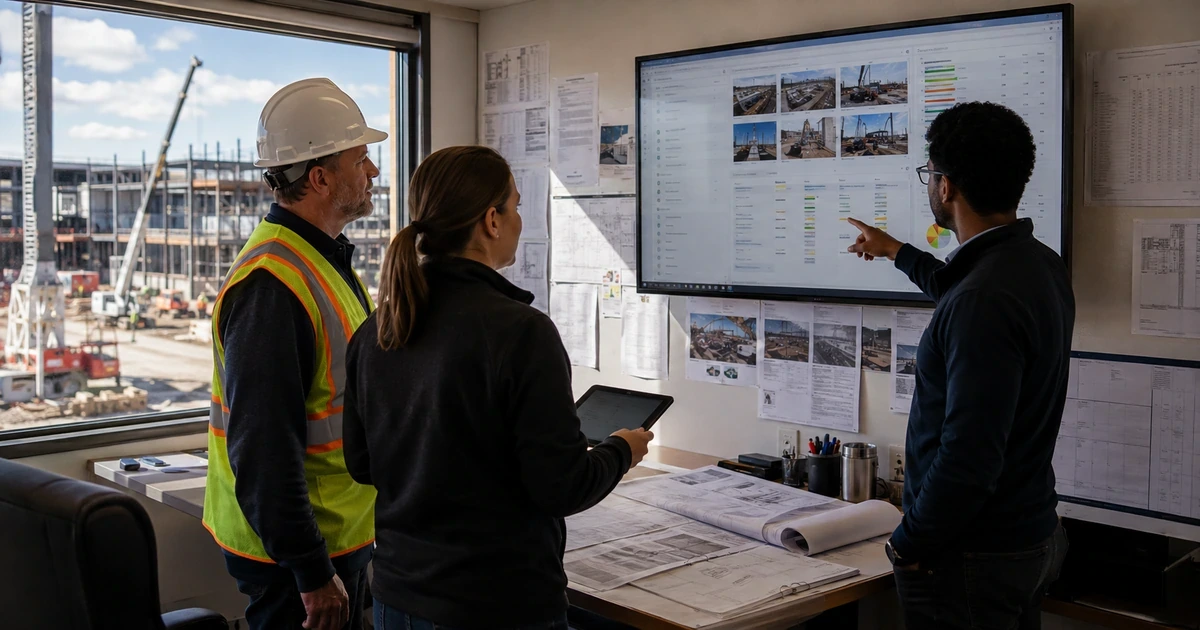 Construction team reviewing project records field photos and data quality before an AI pilot