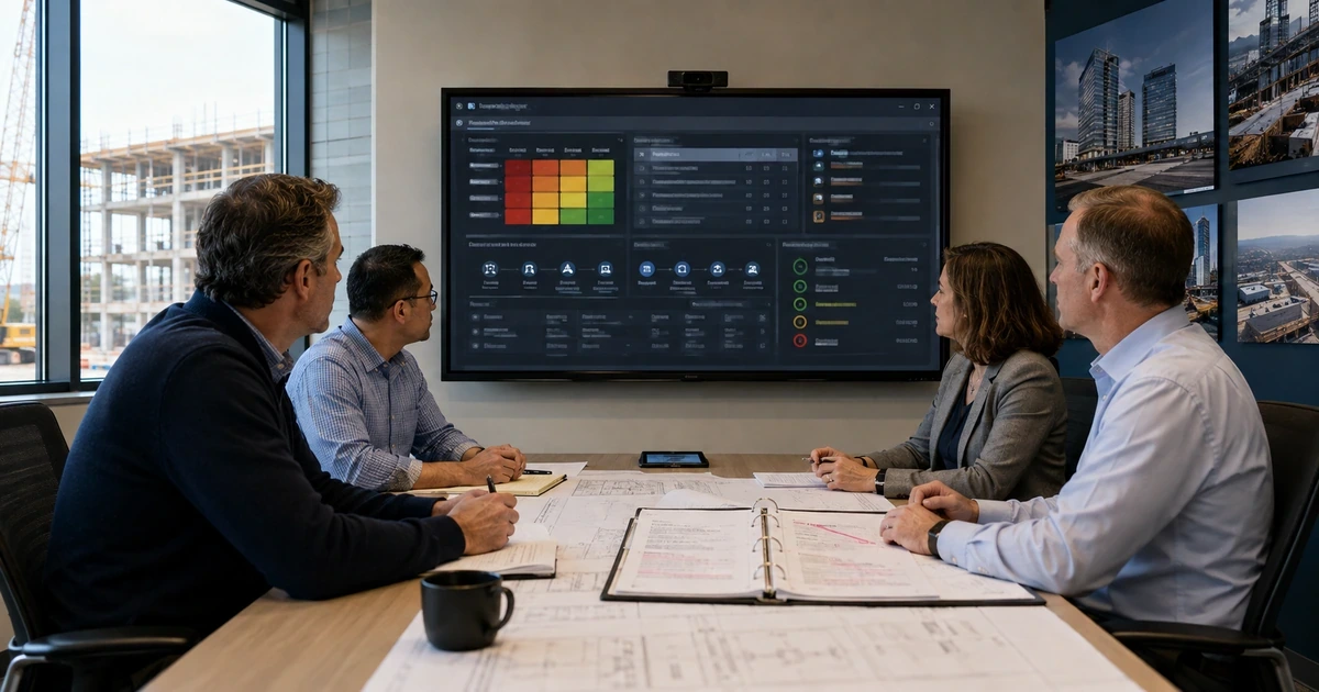 Construction executives reviewing AI risk approved data sources human oversight and audit controls