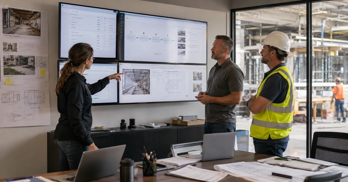Construction project team reviewing an automated document workflow with human approval checkpoints