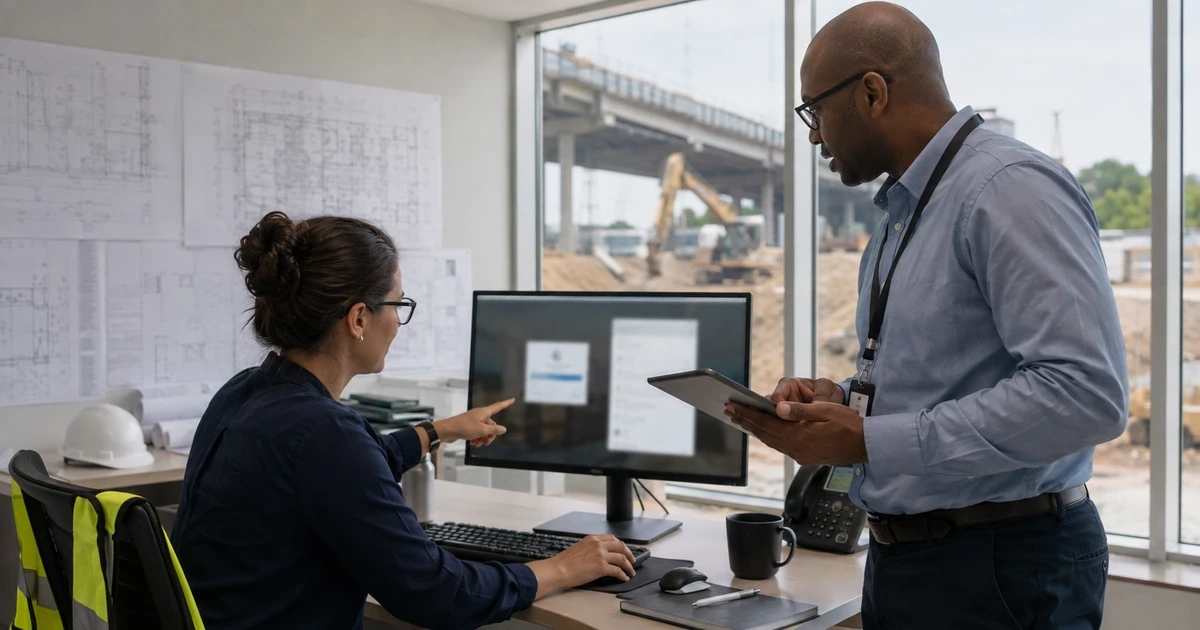 Engineering staff verifying secure sign in project access and company devices for construction cloud work