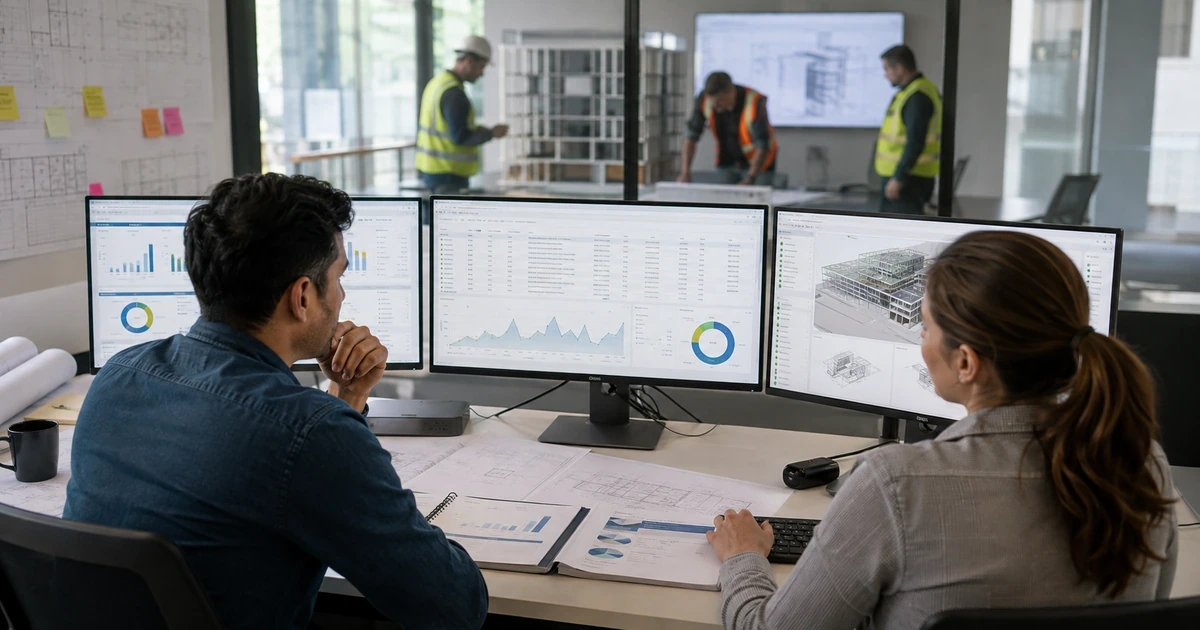 Construction data engineer and project controls analyst reviewing reporting data and model information