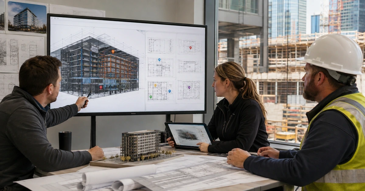 BIM coordinator superintendent and project engineer reviewing a building model documents and issue locations