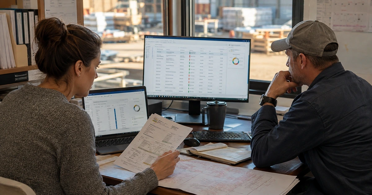 Construction bookkeeper and project manager checking invoices cost codes and reconciliation records
