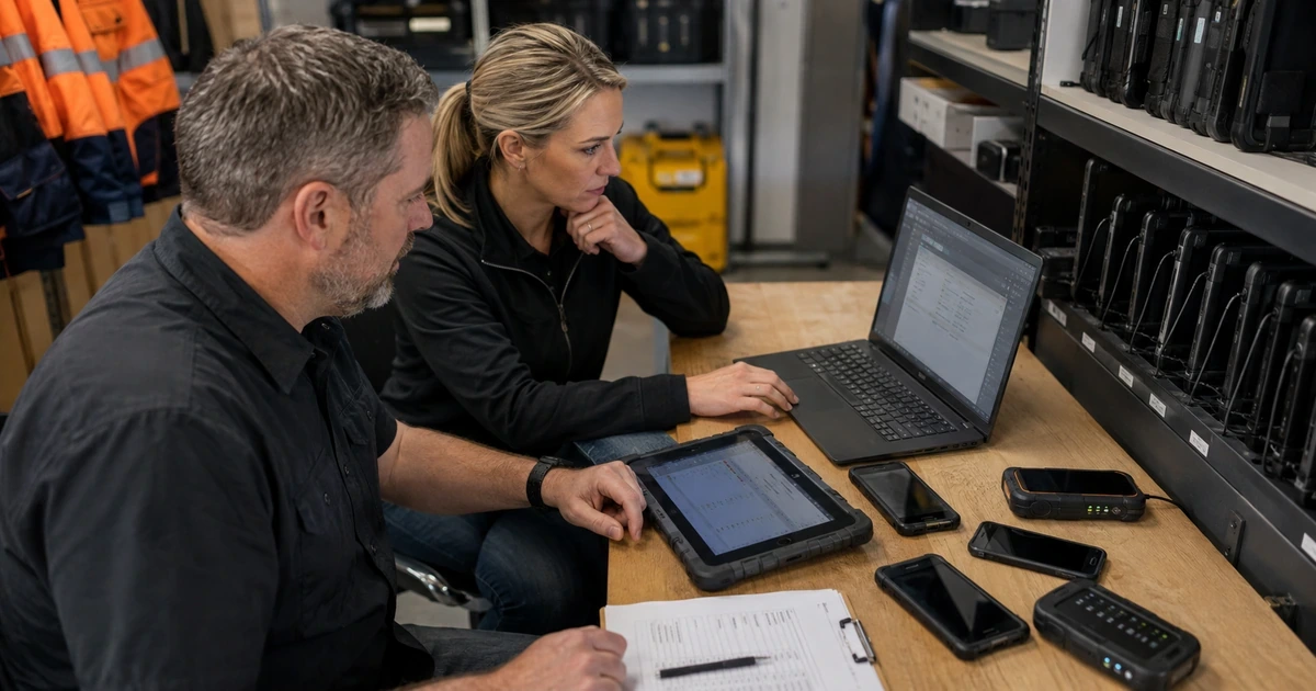 Construction operations and IT leaders auditing rugged devices project access connectivity and recovery