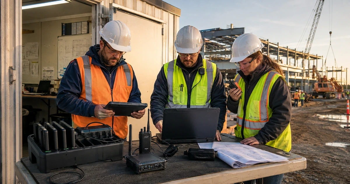 Construction technology team testing rugged devices connectivity and communications beside a jobsite trailer