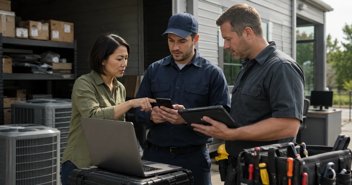 Home services technician and administrators setting up secure access on a phone tablet and laptop