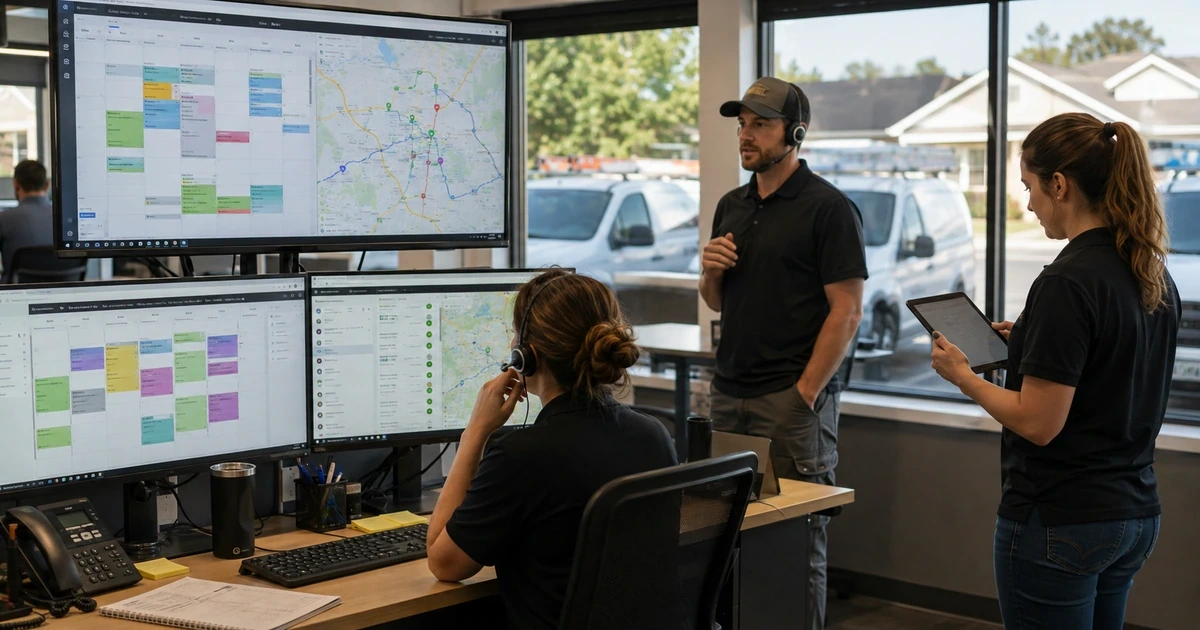 Home services dispatch team coordinating technician routes appointments and job completion