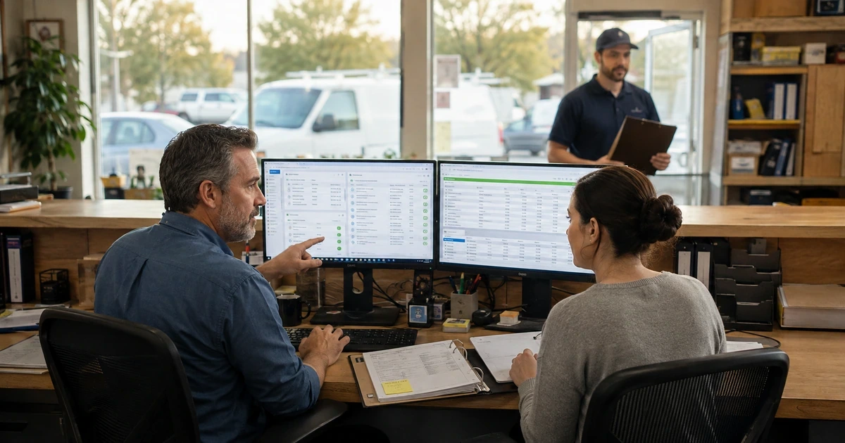 Home services owner and bookkeeper reconciling completed work invoices payments and deposits
