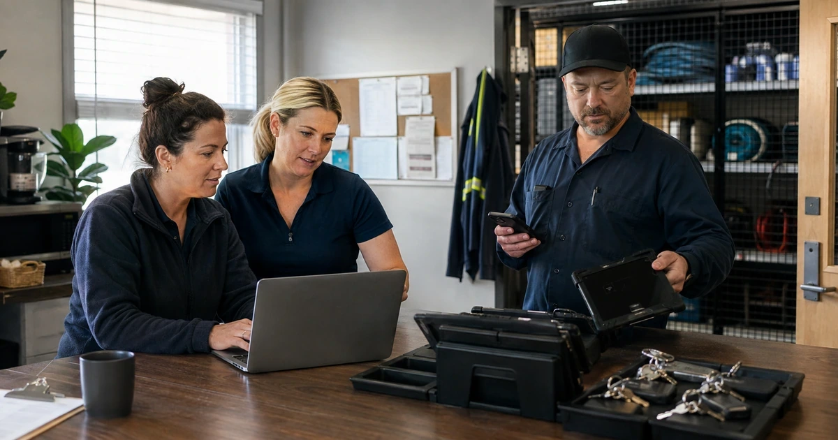 Field service administrators reviewing user permissions two step verification and returned devices