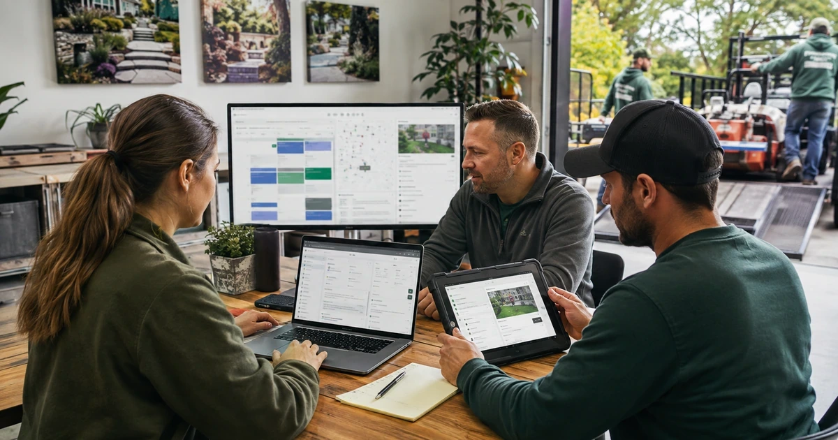 Property service team coordinating quotes scheduling field visits and customer approvals across devices