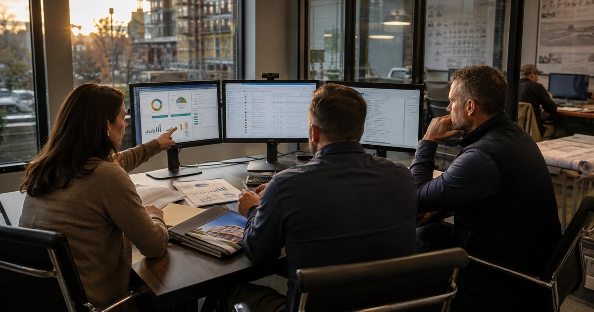 Contractor marketing operations estimating and leadership team tracing a lead through proposal handoff