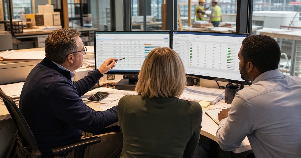 Construction finance and project leaders reconciling cost codes budgets and ERP integration results