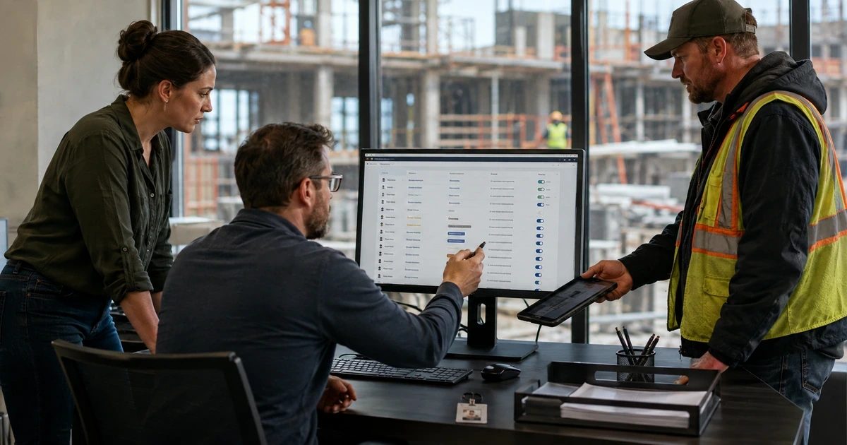 Construction operations manager and IT administrator reviewing collaborator permissions during device return