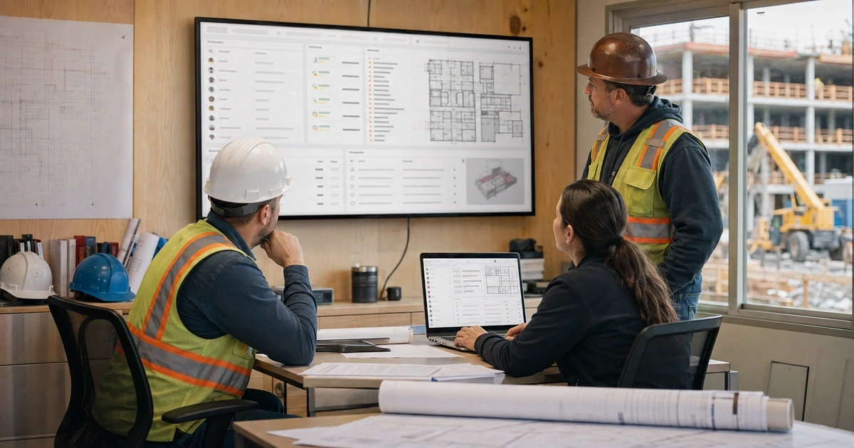 Construction project team reviewing project templates directory roles and startup settings before launch