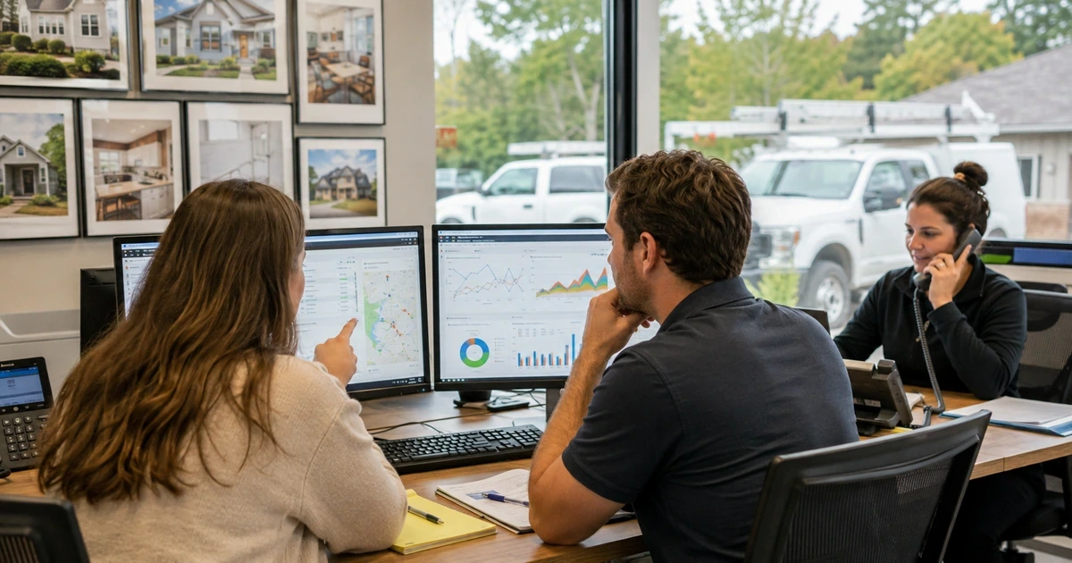 Contractor marketing and estimating team reviewing local search calls and qualified estimate demand