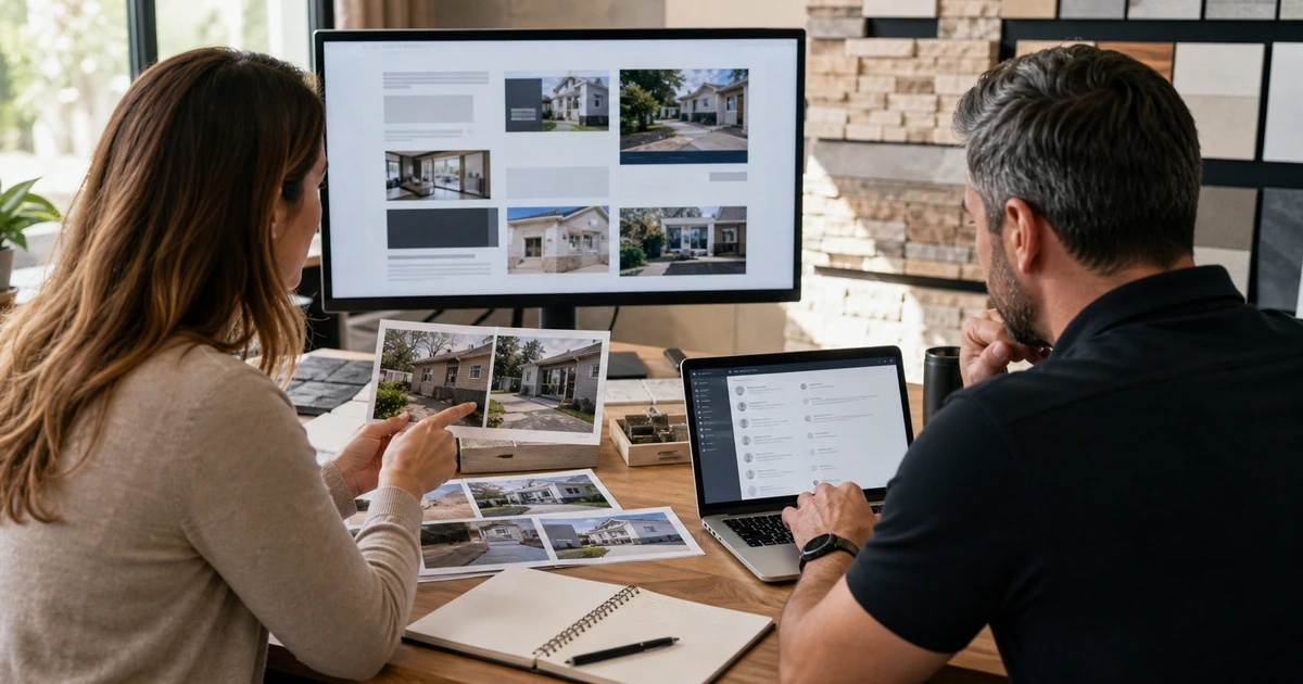 Construction marketing team selecting project photographs and improving service page lead follow up