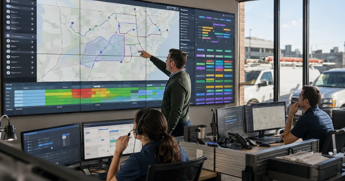 Field service dispatch team reviewing technician routes service zones skills and available capacity