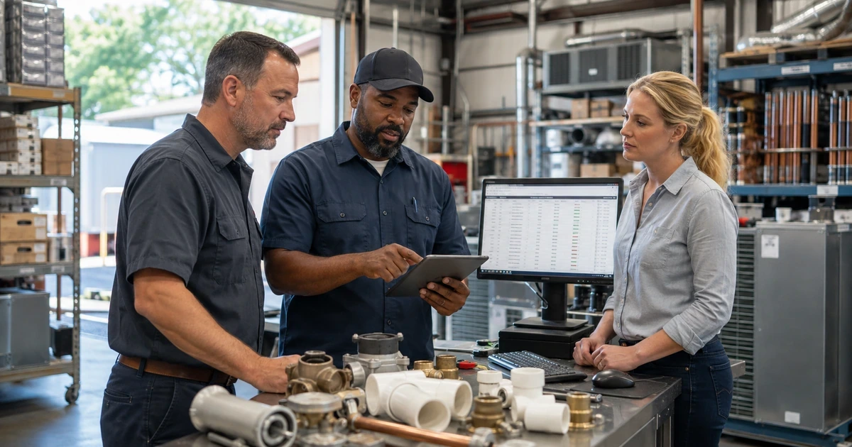 HVAC and plumbing service team reviewing parts service assemblies costs and pricebook margins