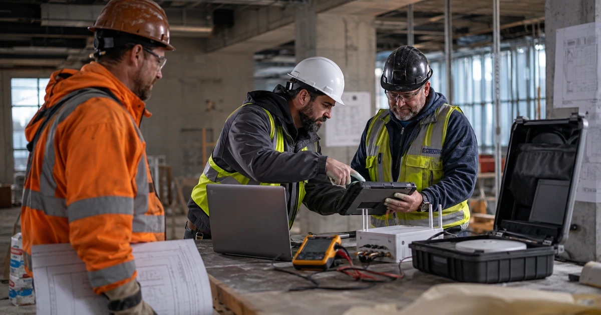 IT support specialist and construction supervisors troubleshooting a rugged tablet and jobsite network