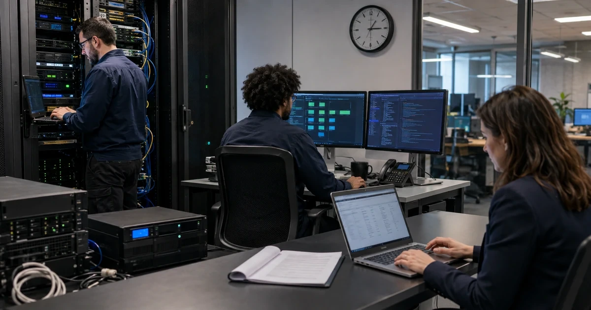 Cloud migration team validating servers applications and business access during a controlled cutover