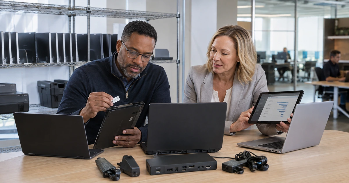 IT and operations leaders reviewing business laptops asset tags accessories and a device replacement timeline