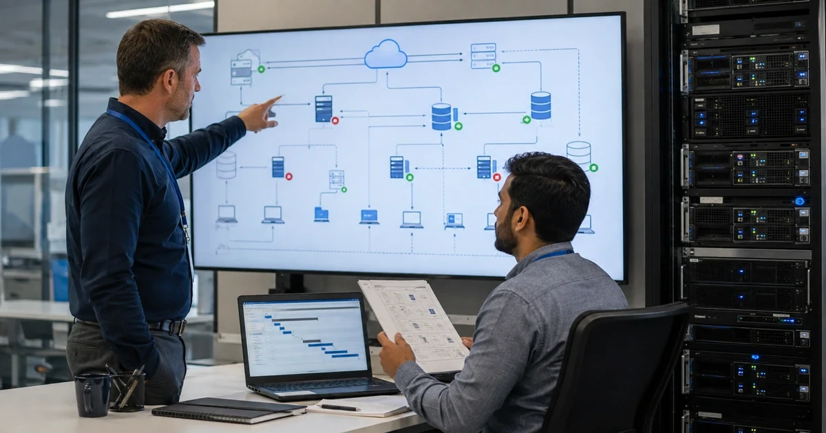 IT professionals map business systems and recovery steps beside enterprise servers