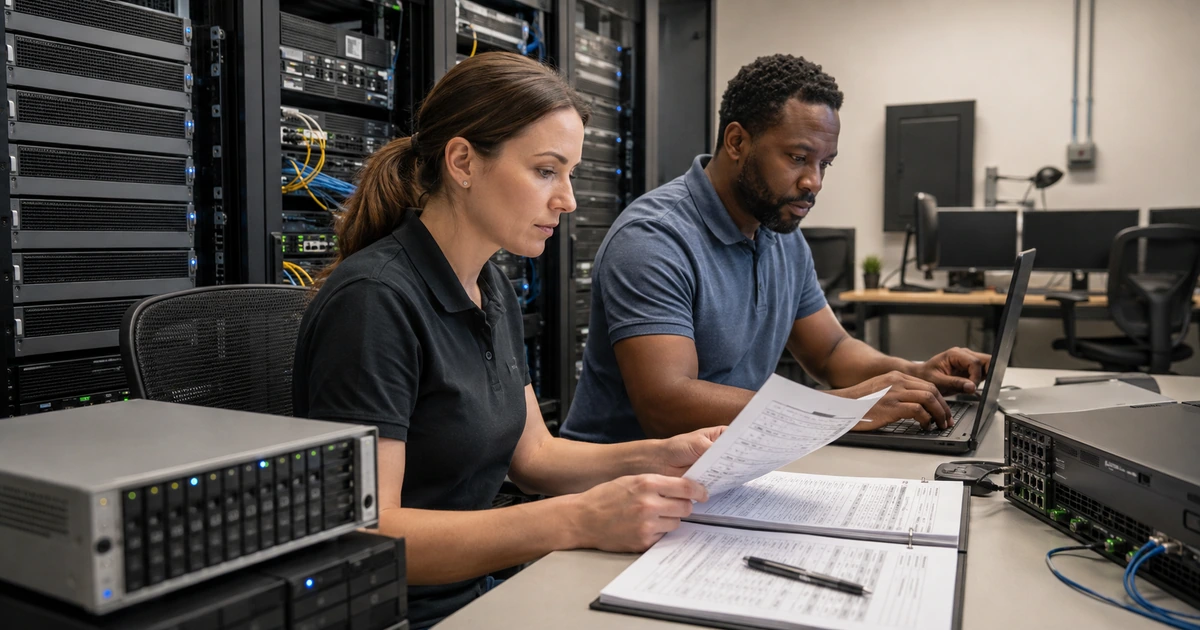 IT professionals validate a business backup restore during a disaster recovery test