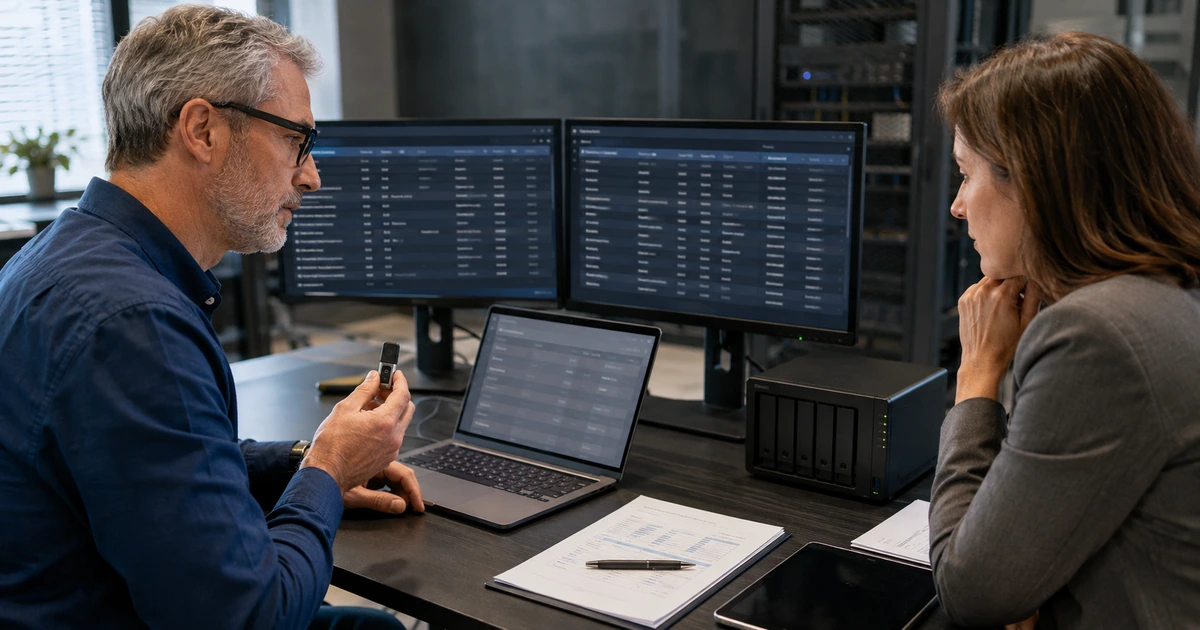 IT professional and finance manager review device access, security keys, and backups