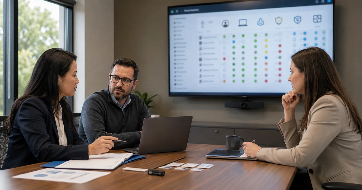 Financial firm managers review employee roles, device assignments, and system access