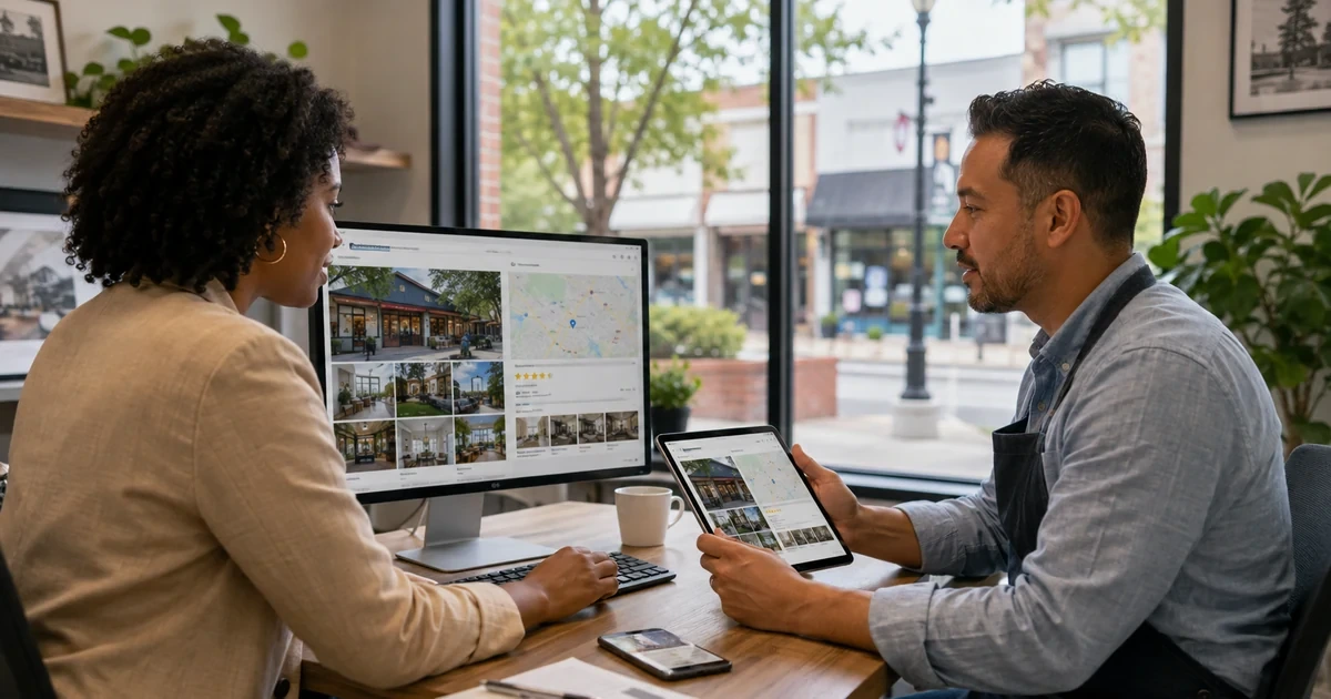 Marketing specialist and local business owner reviewing business photos, map visibility, and profile details