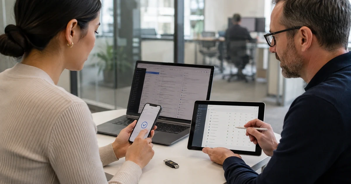 Employee and IT specialist reviewing Google Workspace authentication account recovery device status and mail security