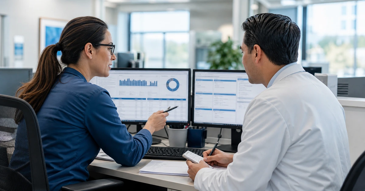 Clinical informatics lead and physician preparing healthcare data quality and workflows for an AI initiative