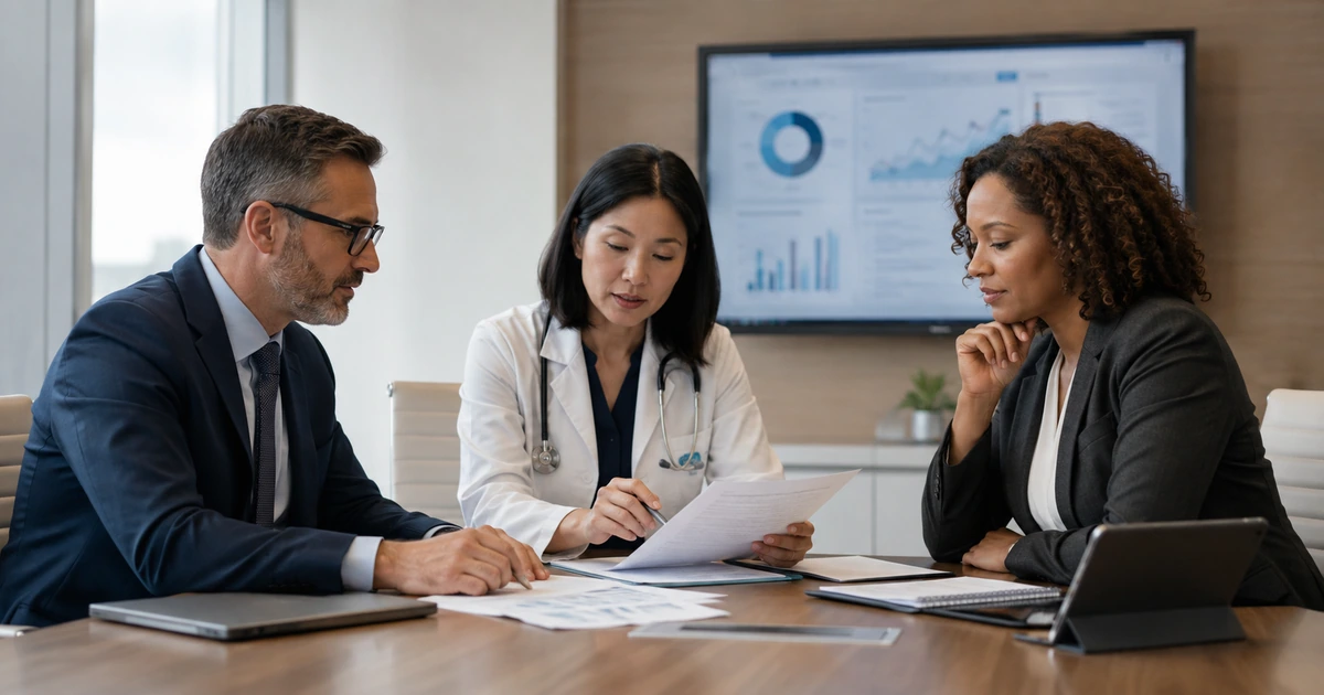 Medical director security lead and operations executive reviewing AI governance privacy and human oversight