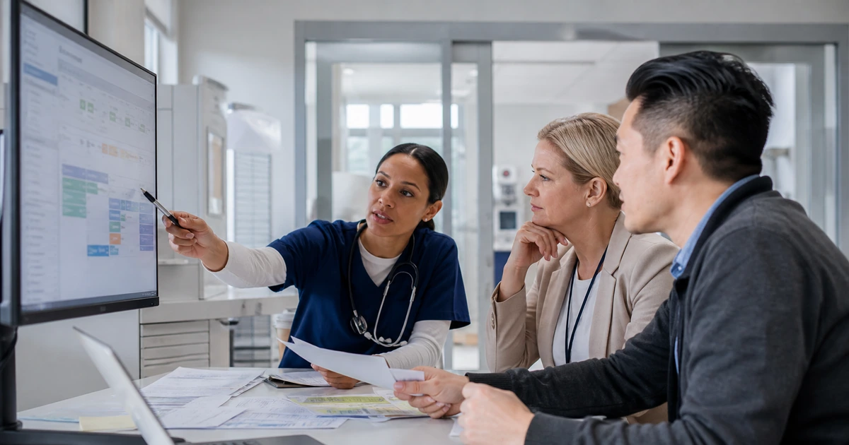 Clinician operations manager and IT specialist validating an AI assisted healthcare workflow before rollout