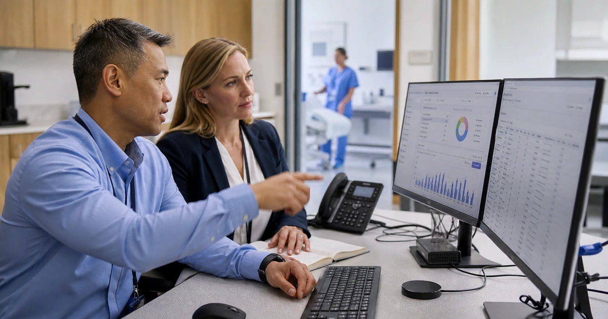 Healthcare administrator and security specialist reviewing device inventory access controls and backup status