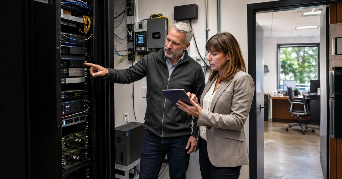 IT consultant and operations manager inspecting network power and connectivity dependencies in a technology room