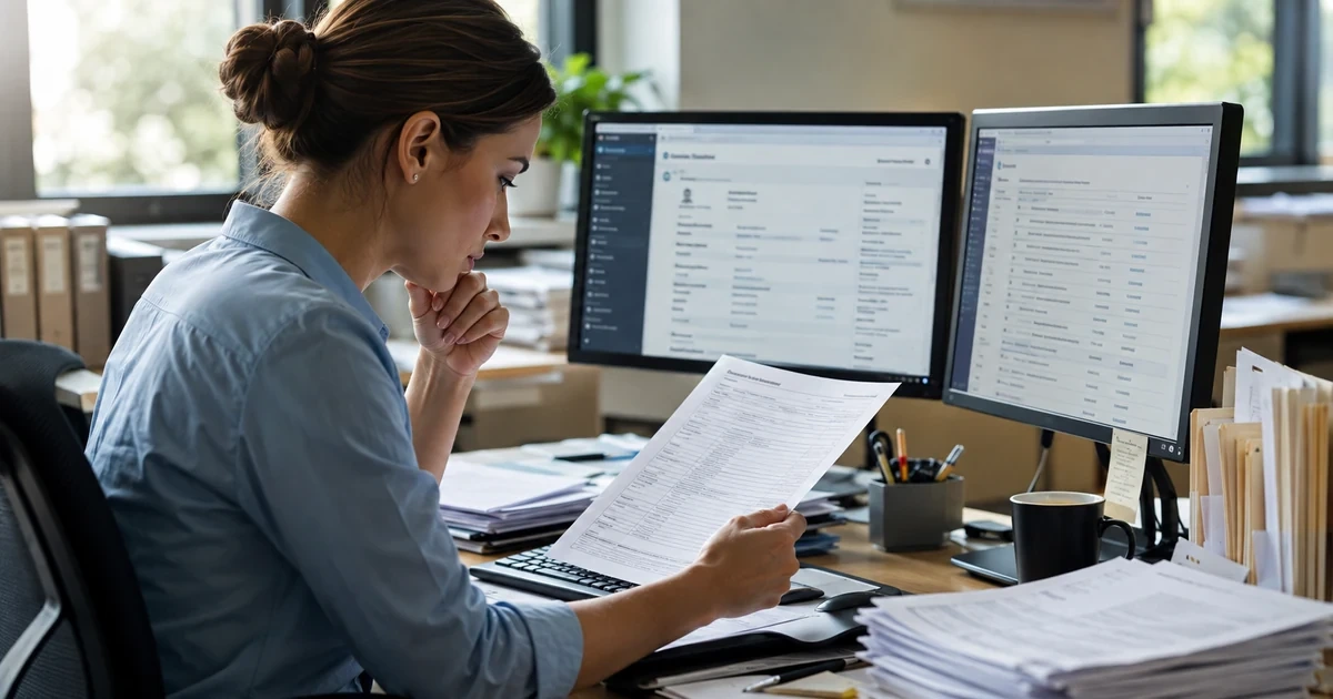 HR analyst checking employee records and approval queues across two monitors