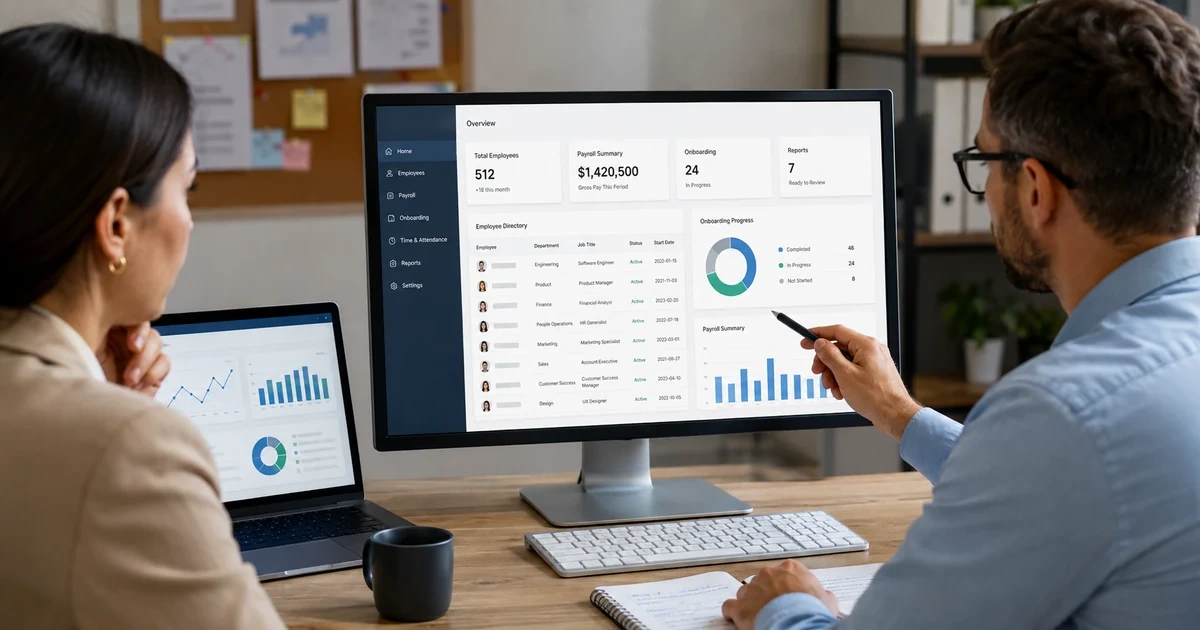 HR systems administrator and finance manager configuring employee and payroll workflows