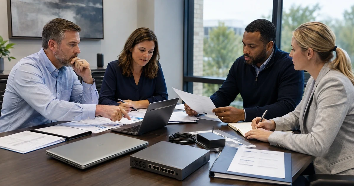 Business team comparing technology proposals equipment security evidence and service requirements
