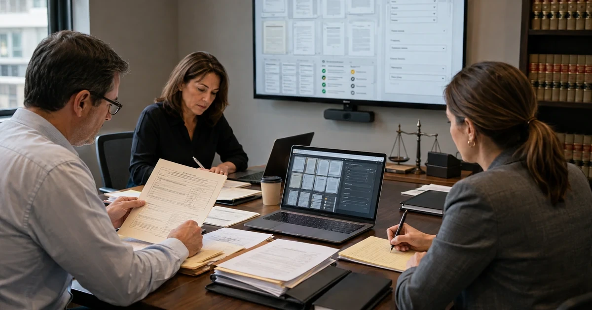 Legal technology team evaluating matter records document metadata permissions and test results before an AI pilot