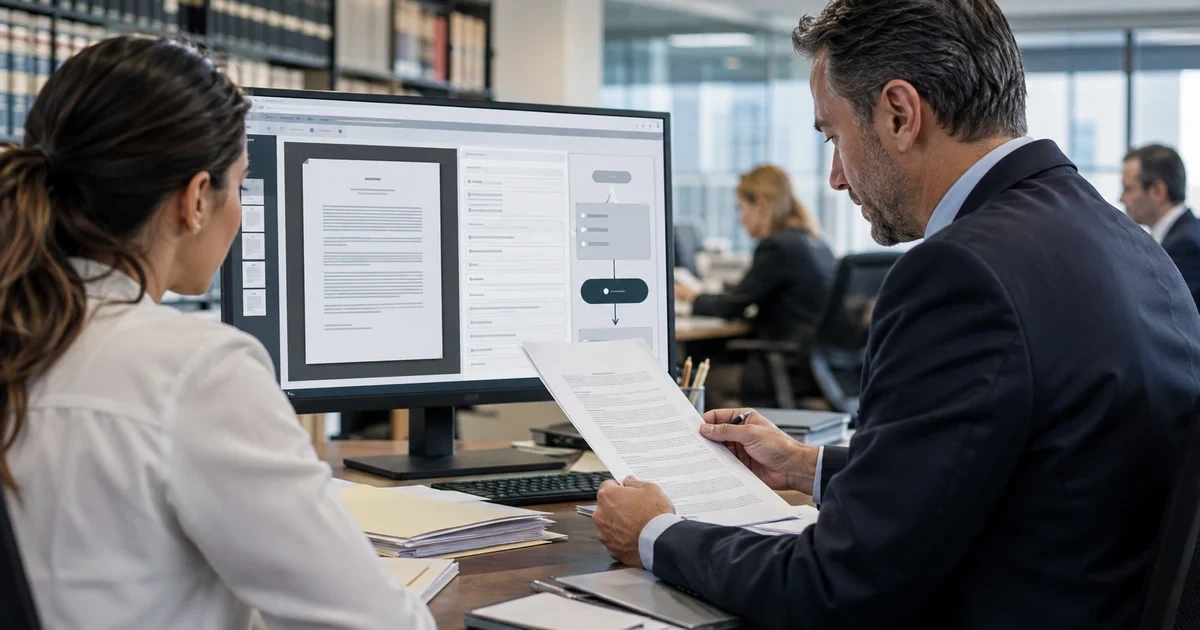 Attorney and paralegal reviewing AI assisted document intake with source verification and human approval