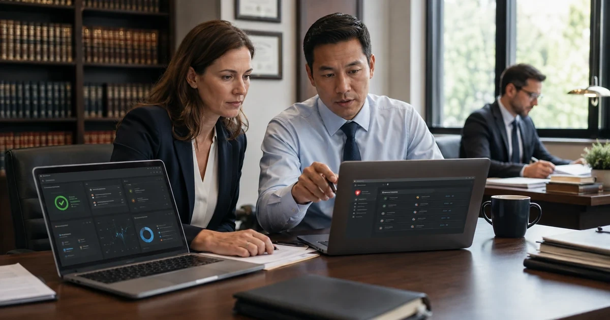 Attorney and IT security professional reviewing encrypted devices backups and a suspicious sign in
