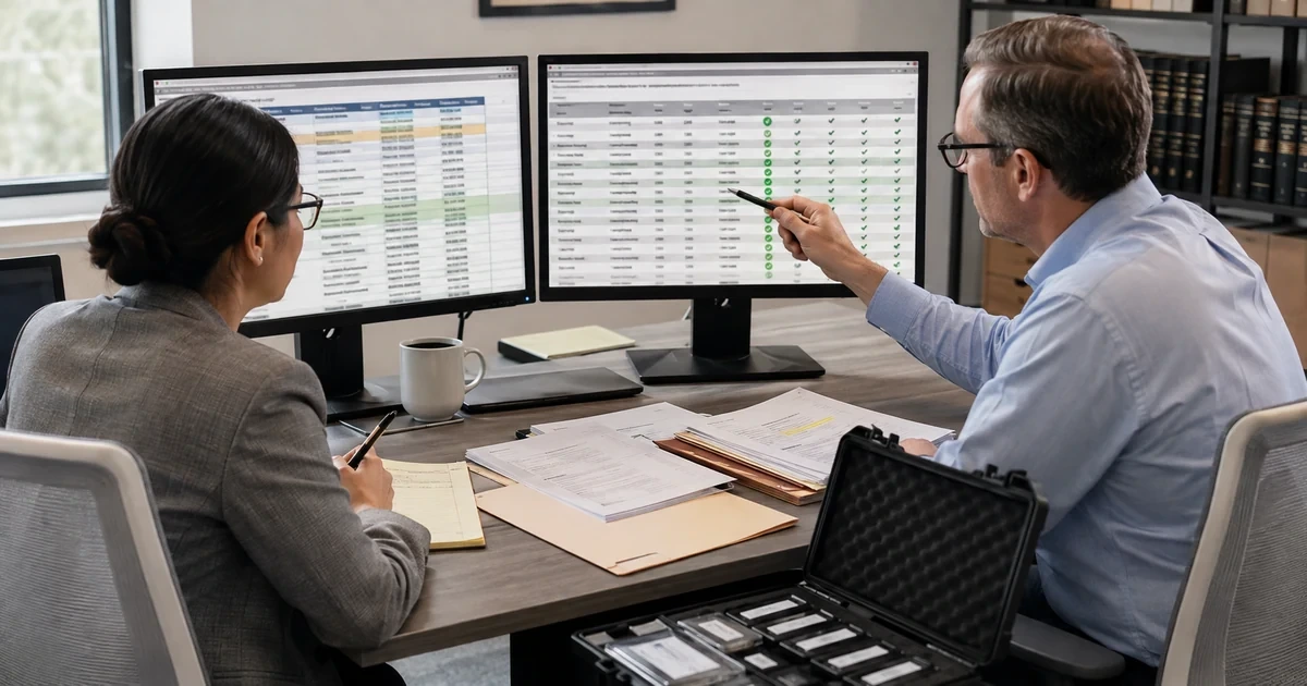 Legal data team comparing source records with imported matters contacts documents and billing totals