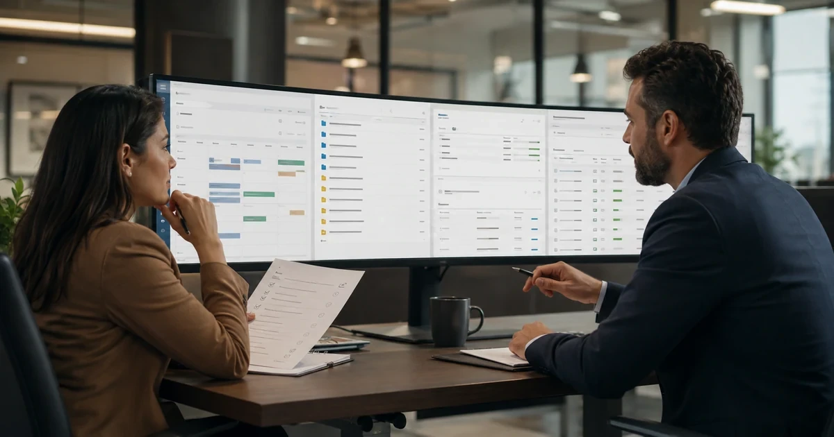 Legal operations manager and accountant validating synchronized calendars documents invoices and payments